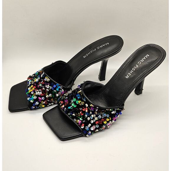 MARC FISHER Women's Danria Sequin Open Toe Strap Sequin Heels Size 8 - Picture 5 of 10